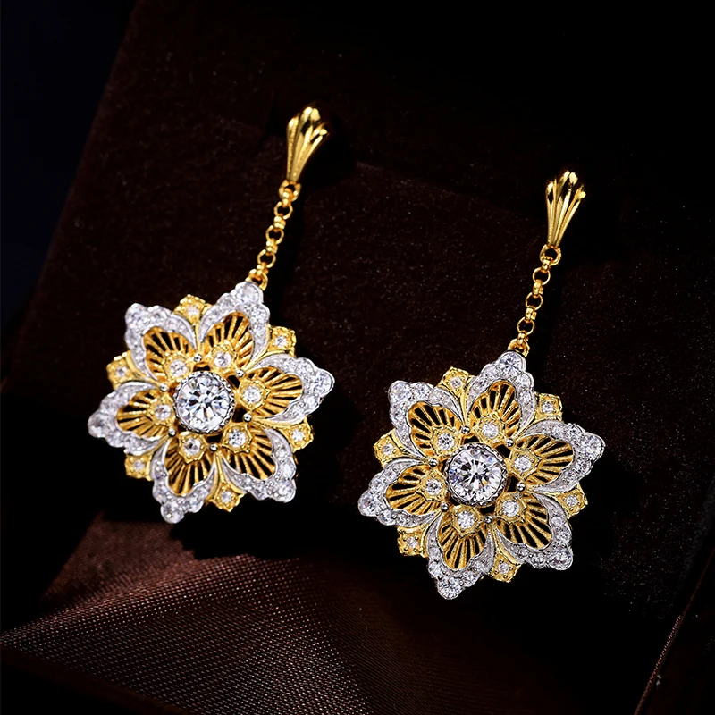 Sollievo series, flower-shaped retro sparkle, woven carved gold Italian style earrings S925 silver-plated female