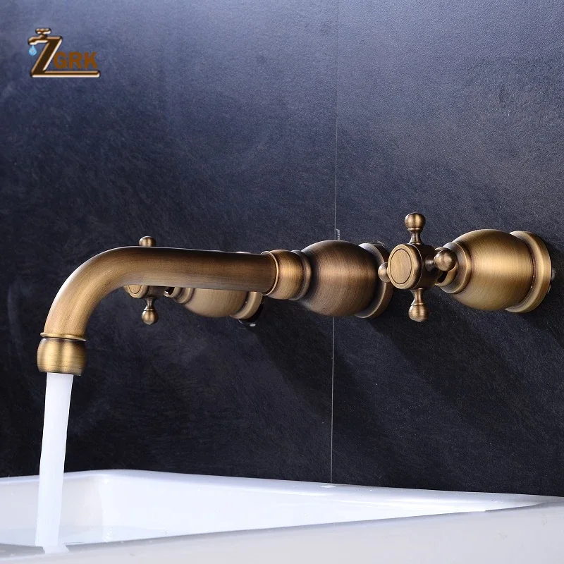 ZGRK Wall Basin Faucet Set Brass Double Handle Wall Mounted Bathroom Sink Faucet Hot and Cold Wall Tap