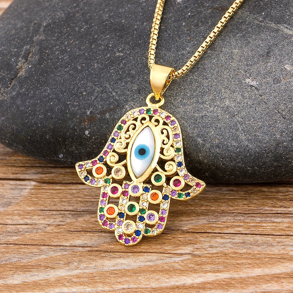 Nidin New Trendy Lucky Turkey Evil Eye Hamsa Hands Fatima Palm Chain Necklace For Women Charm Copper CZ Party Bar Jewelry Gifts