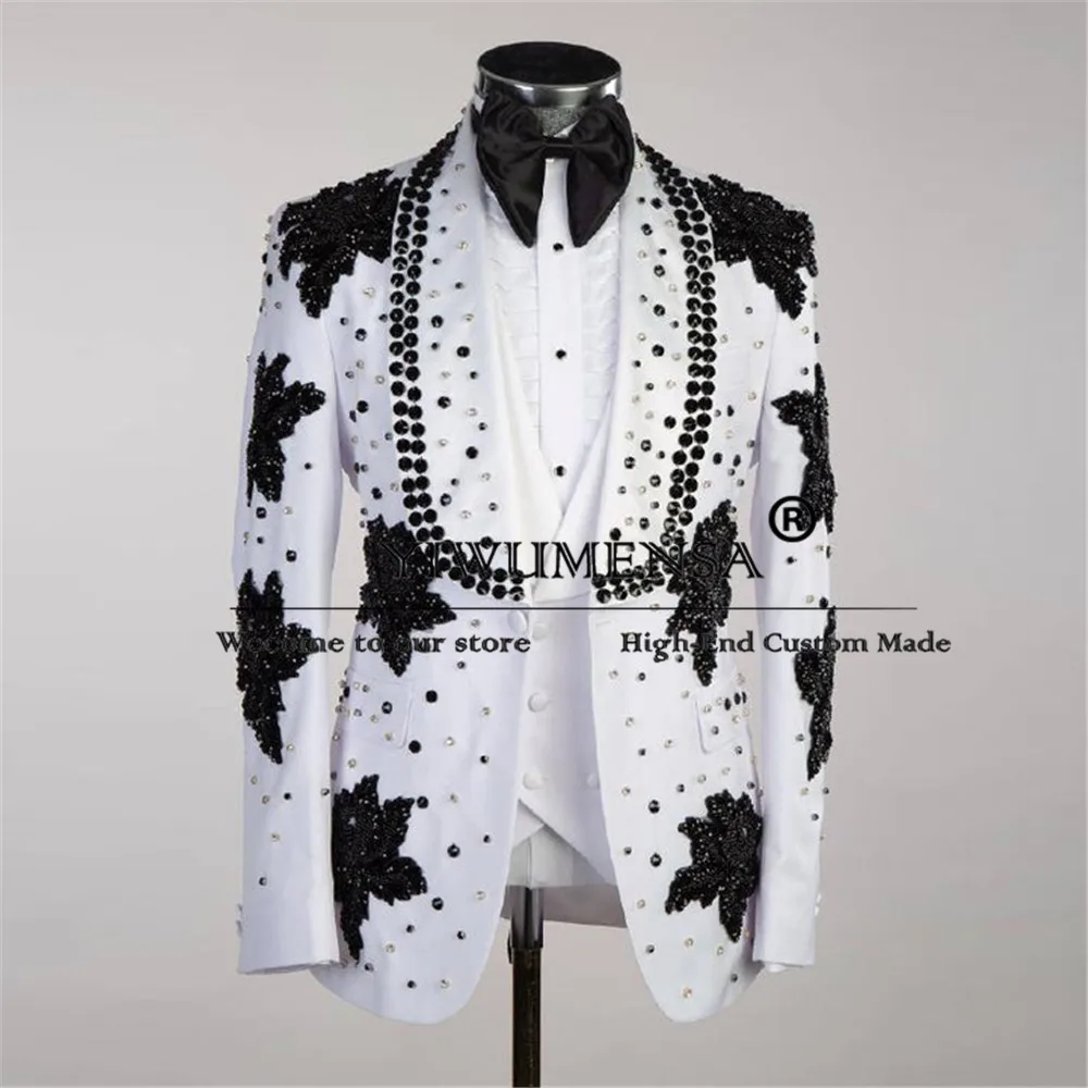 Luxury Groom Wedding Suits For Men Rhinestones Beaded Appliques Prom Blazer Tailored Made Formal Business Banquet Groom Tuxedos