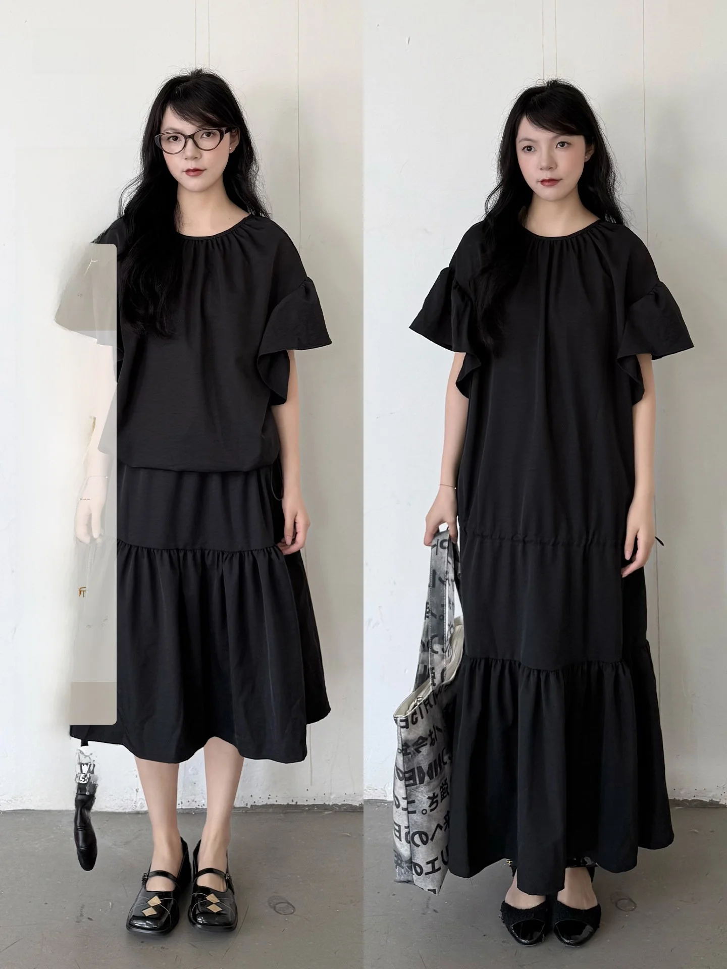 Dark Series Drawstring Skirt Short Sleeve A-Line Dress with Fairy Sleeves Casual Loose Fit round Neck Summer Fashion Women's ...
