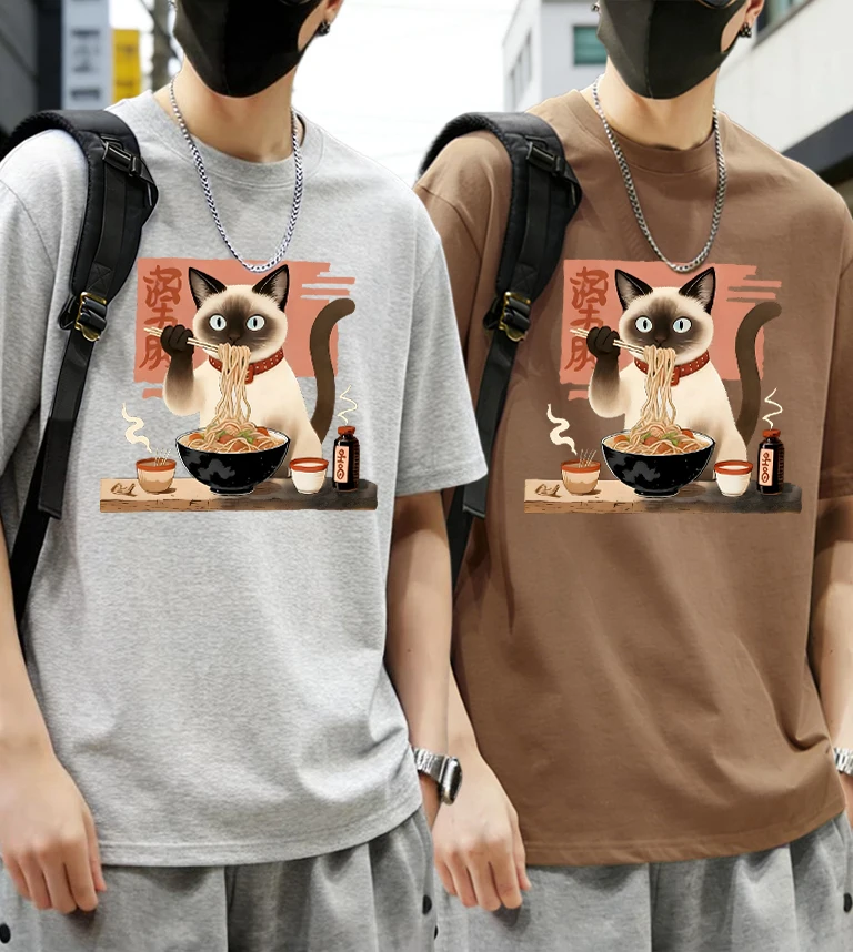 Siamese Cats Like To Eat Noodles Print Man Cotton Breathable Summer T Shirt Set Loose Sport Short Sleeve Trendy Street Clothes