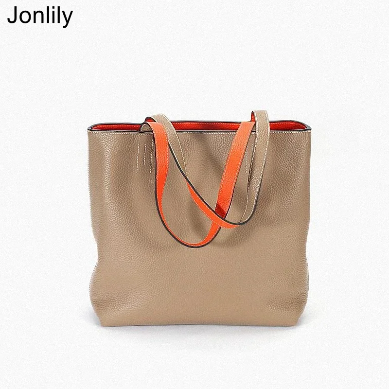 Jonlily Women Genuine Leather Casual Shoulder Bag Small Bucket Bags Double Side Handbag Totes Fashion Purse Teens Daybag -KG697