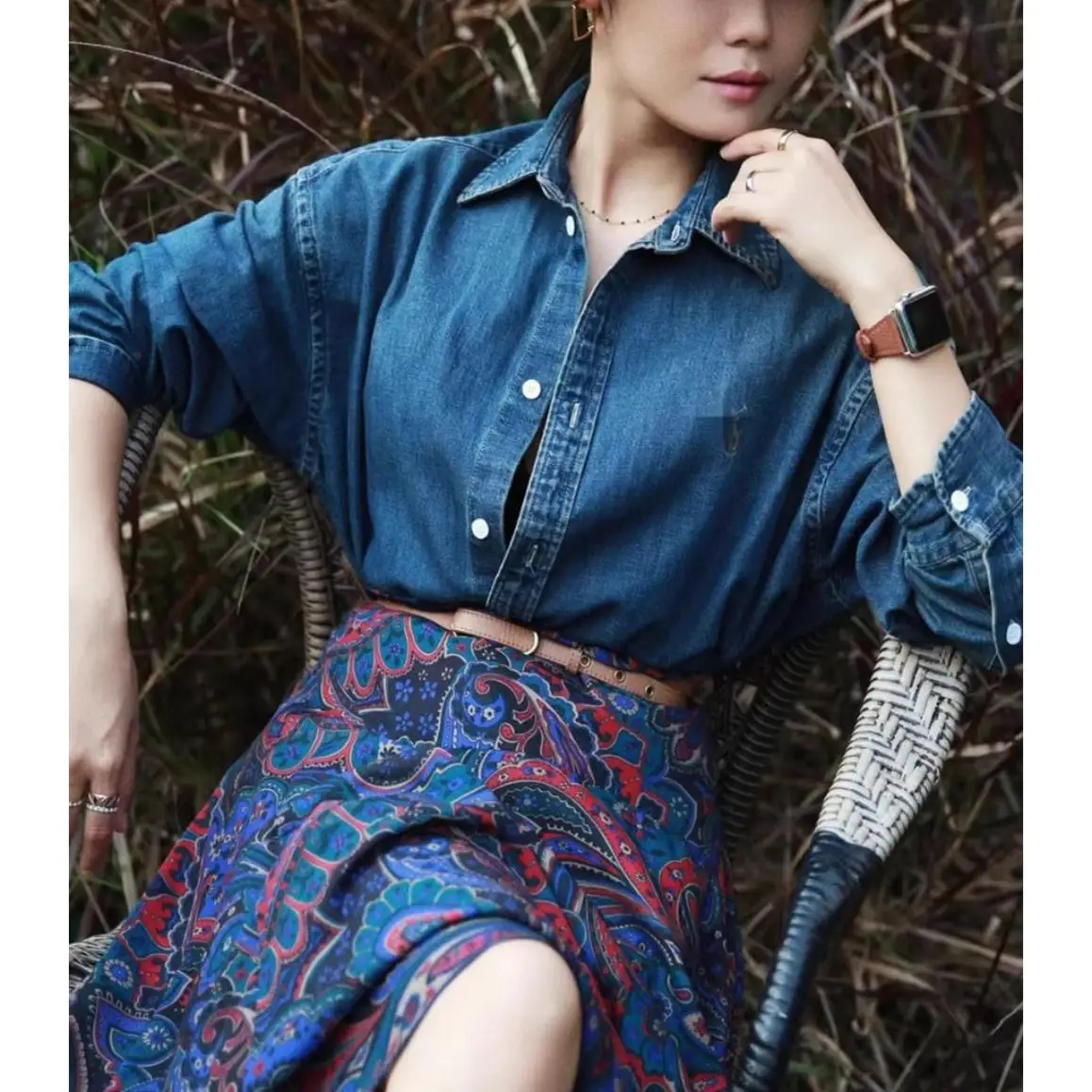 

Classic American Sle Women's Cotton Long Sve Embroidered Denim irt Loose Fit Casual Faionable Spring ential