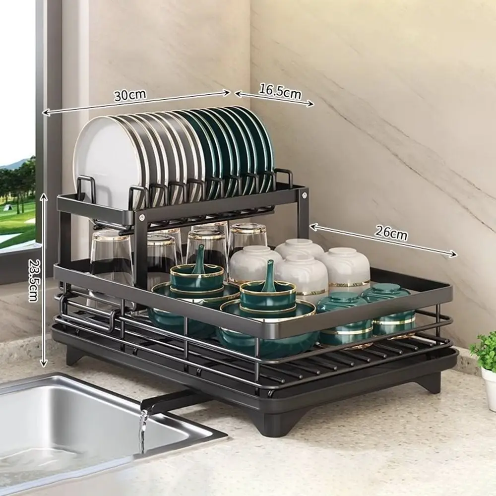 Adjustable Dish Drying Rack 360° Rotatable Universal Kitchen Dish Rack Extendable Drain Pipe Rust-Proof Cutlery Storage Holder