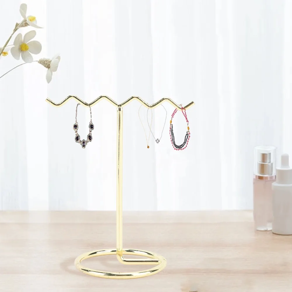 4pcs Electroplate Iron Earring Display Stand T Shaped Light Gold Earring Organizer Stand Stable Decorative Waving