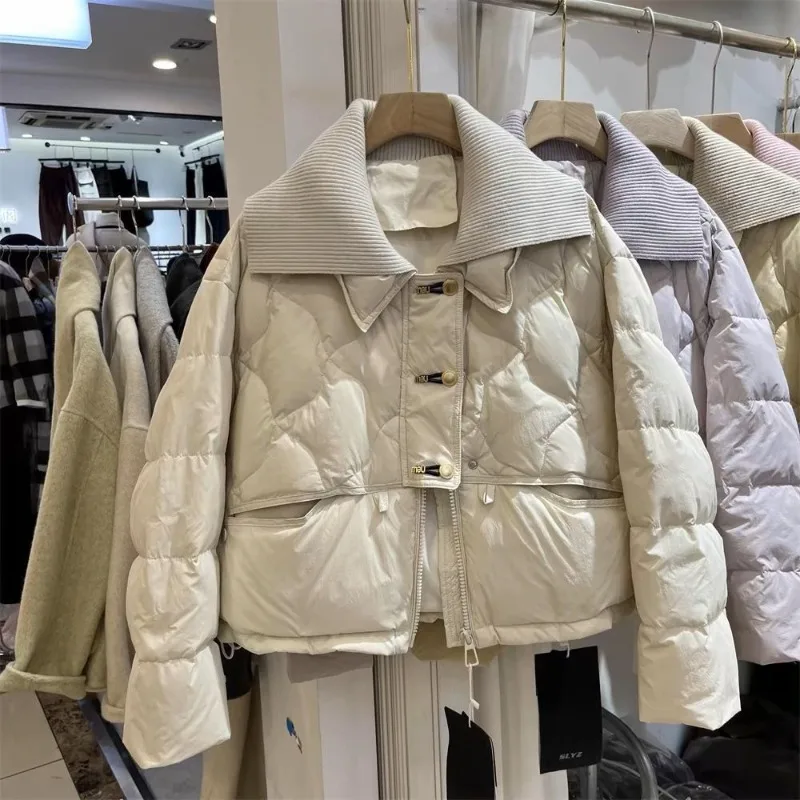 

Зимнее пальто, новое вязаное короткое пуховое пальто с двойным воротником в корейском стиле, шелковое женское молодежное утягивающее теплое пальто