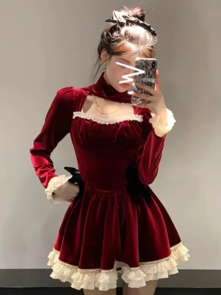 

Y2K Velvet Mini Dress Women Lace Ruffles Patchwork Square Collar Autumn Winter Christmas Party A-line Princess Vestidos Mujer