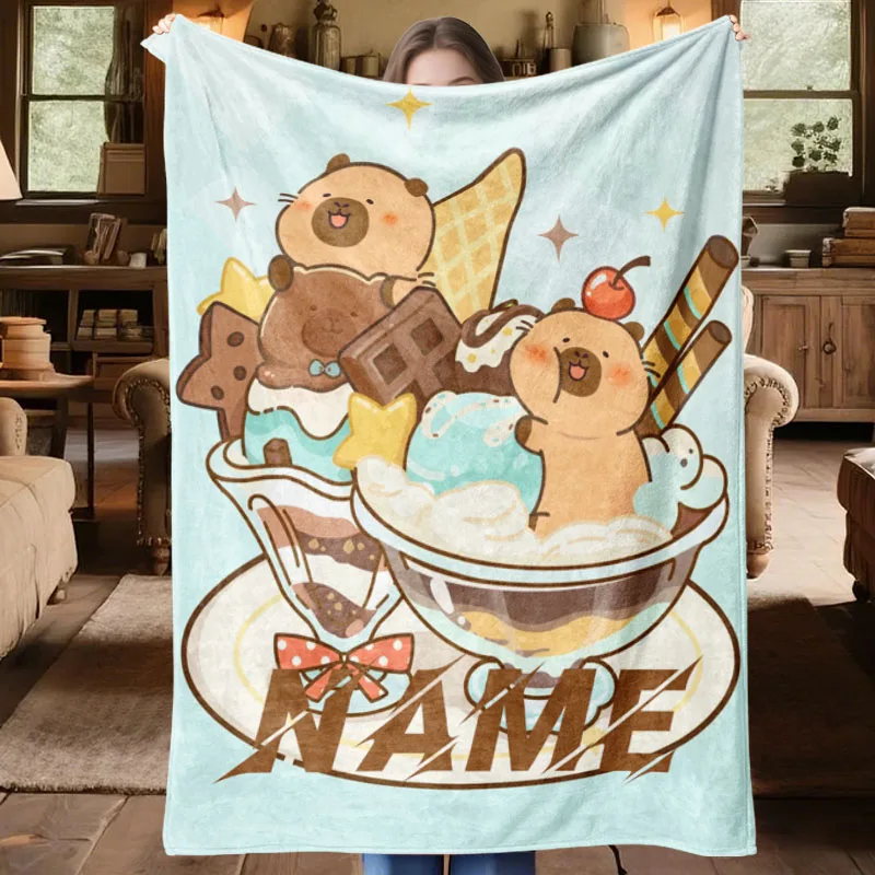 

1Pc Custom NameText Capibara Dessert Flannel Blanket Suitable for Living Room Bedroom Dorm Study Cozy Corner Perfect