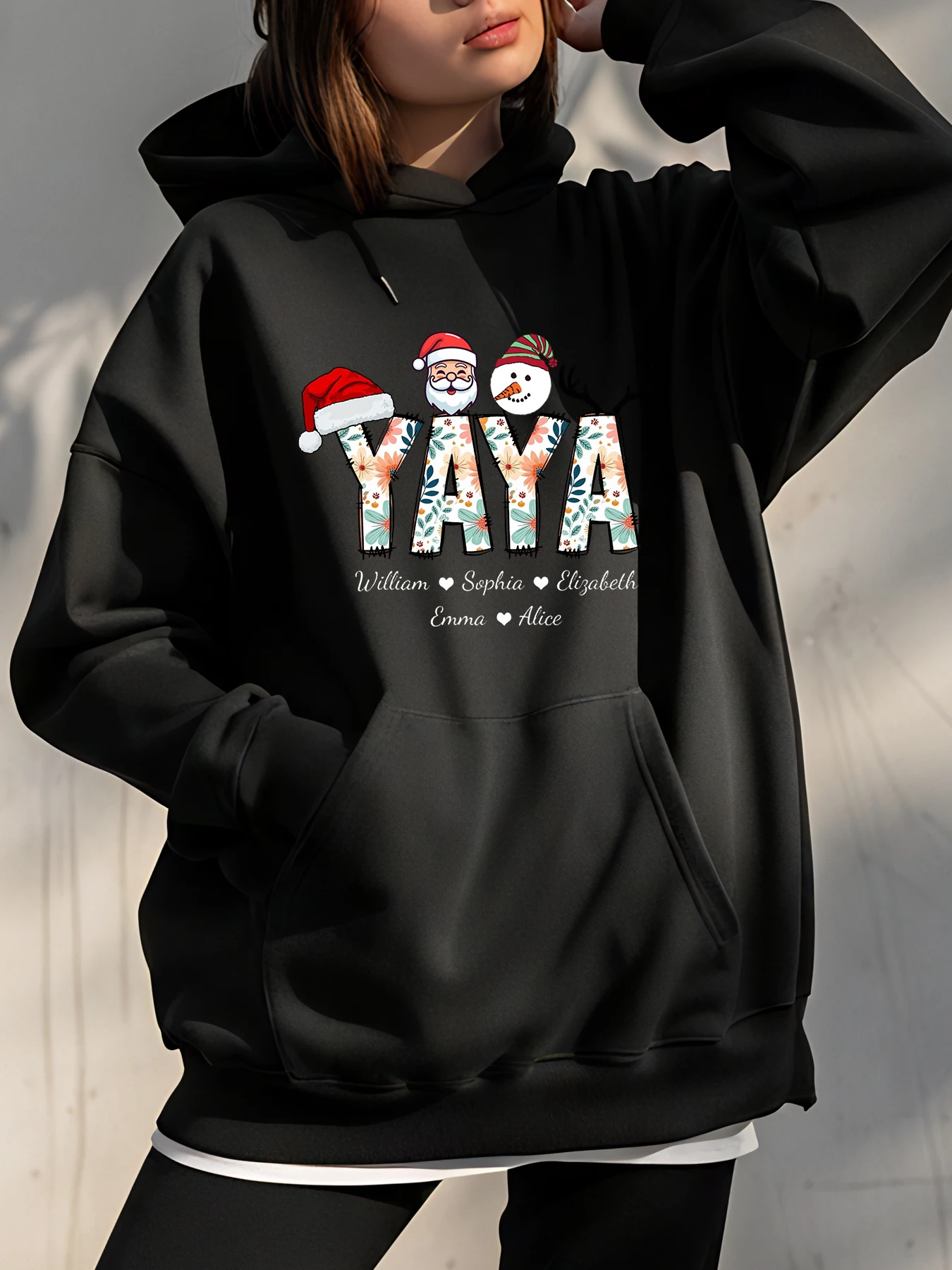 Рождественская толстовка с капюшоном Yaya, персонализированные семейные имена, снеговик, Санта-принт, женская повседневная зимняя толстовка для бабушки, подарок