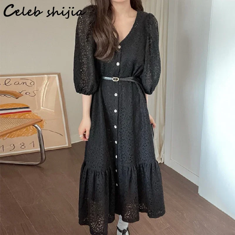 Hook Flower Hollow Dress Woman Apricot Lace Spring Vintage Dress Bodycon Female Long-sleeve Elegant Korean Clothing Women