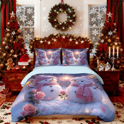 3pcs Merry Christmas Snowman Printed Chipless Quilt Set Multi Size Bedroom Holiday Bedding Holiday Decoration Machine Washable