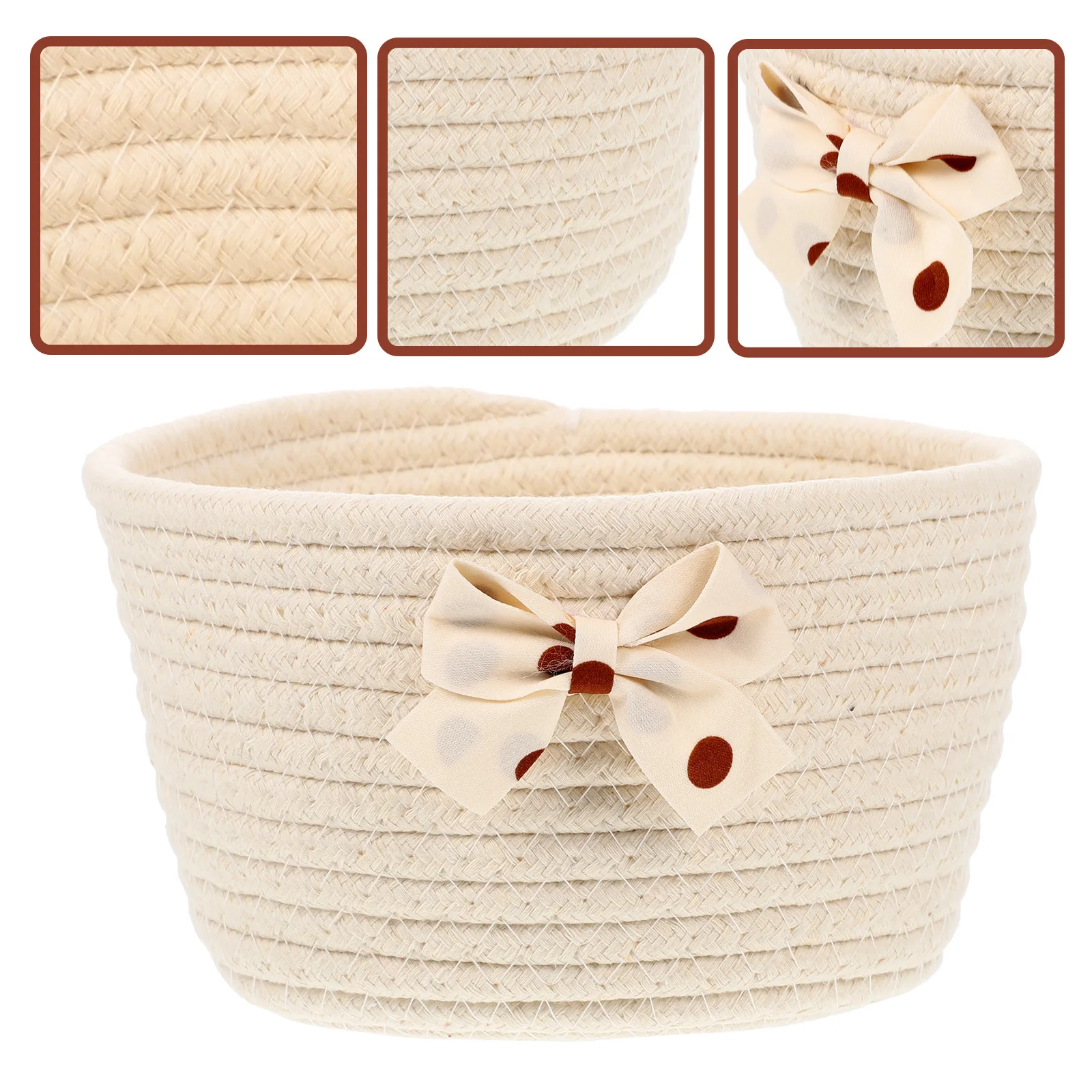 

Small Round Woven Storage Basket Cotton Rope Bowknot Decorative Organizer For Nursery Kids Makeup Keys Snack Bread Yarn