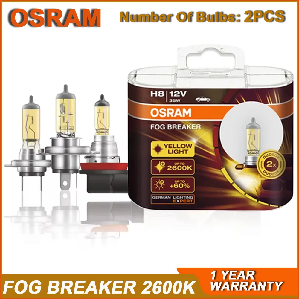 OSRAM FOG BREAKER H1 H3 H4 H7 H8 H11 H16 HB3 HB4 12V 2600K Headlight +200% Yellow Fog Light +60% Bright Car Halogen Lamps (Pair)