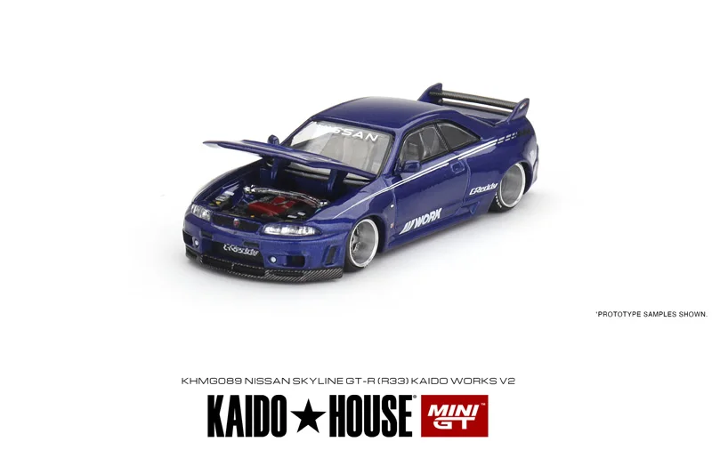 KAIDO HOUSE MINI GT KHMG089 1/64 Nissan Skyline GT-R R33 niebieski odlewany model samochodu ze stopu metali lekkich kolekcja zabawek prezenty