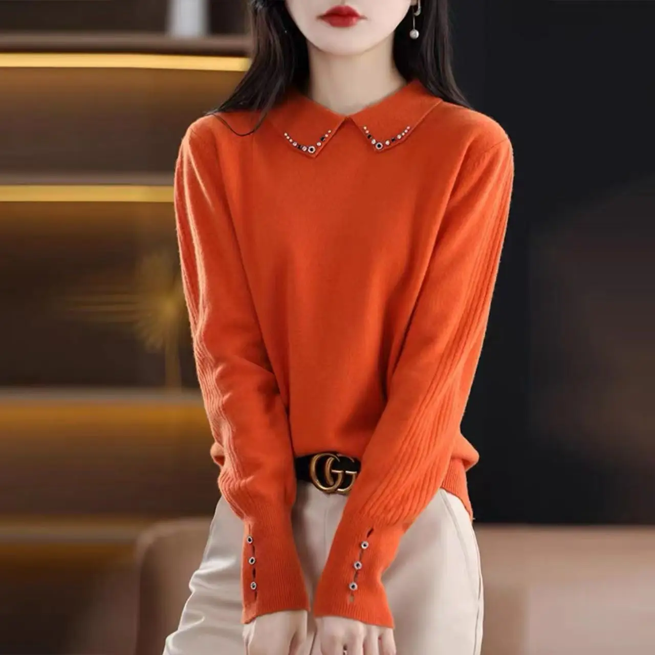 Autumn Winter Camere Knitted Long Sve Doll Collar Women's Diamond Embedded Wool Base irt Slim Fit Commute Sle Pure C...
