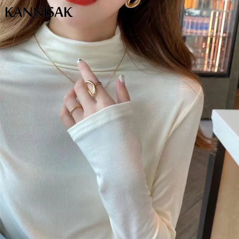 Damskie koszulki T-shirtowe Bluzka bazowa 2025 Jesień Zima Golf Ciepła Moda Koreańska Jednolita Cienka Tkanina Wewnętrzna Dopasowana Modalowa Koszulka — zdjęcie 3