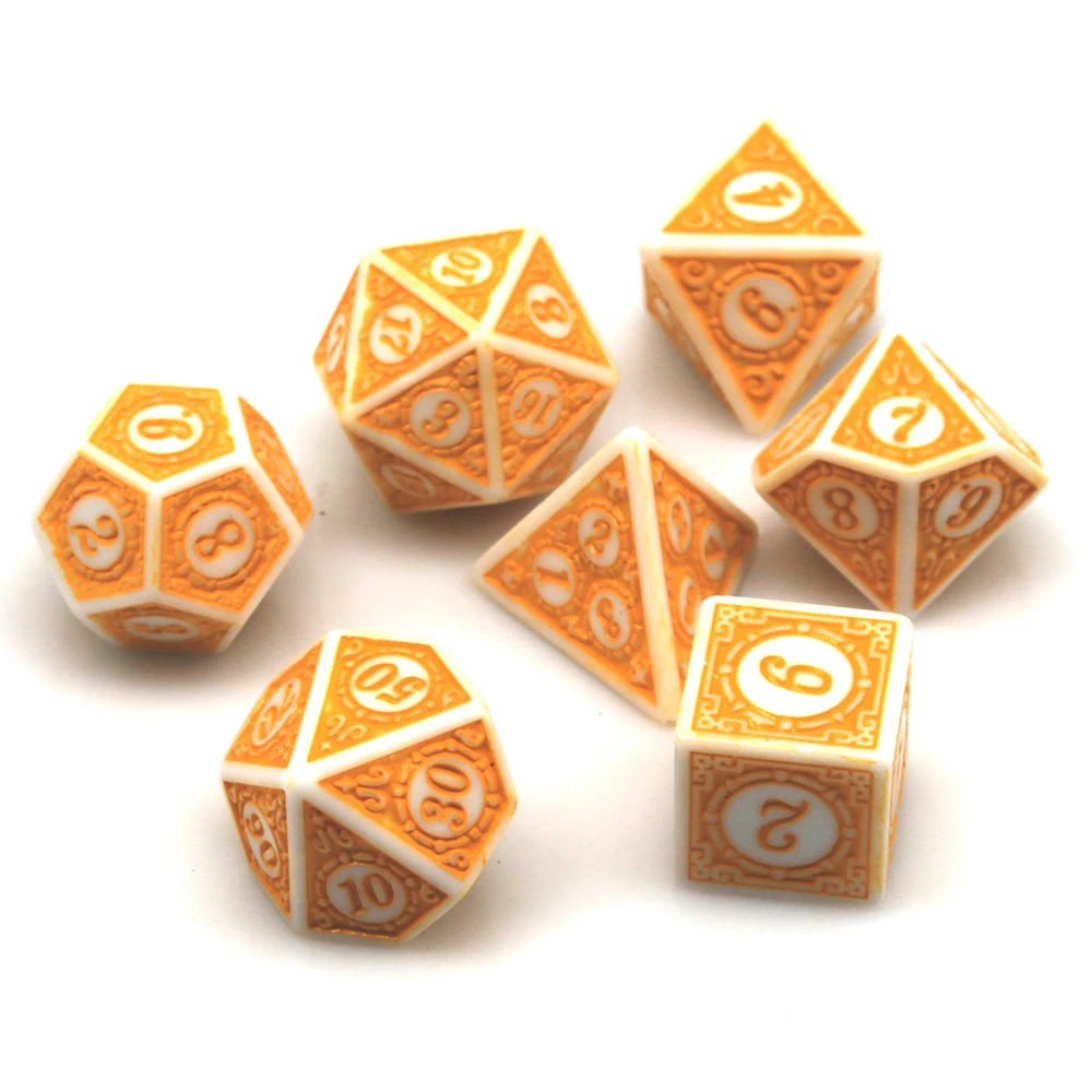 7Pcs White Orange Acrylic Polyhedral Dice Set Retro Pattern DND RPG Dice For Tabletop Role Playing Board Game Accessories