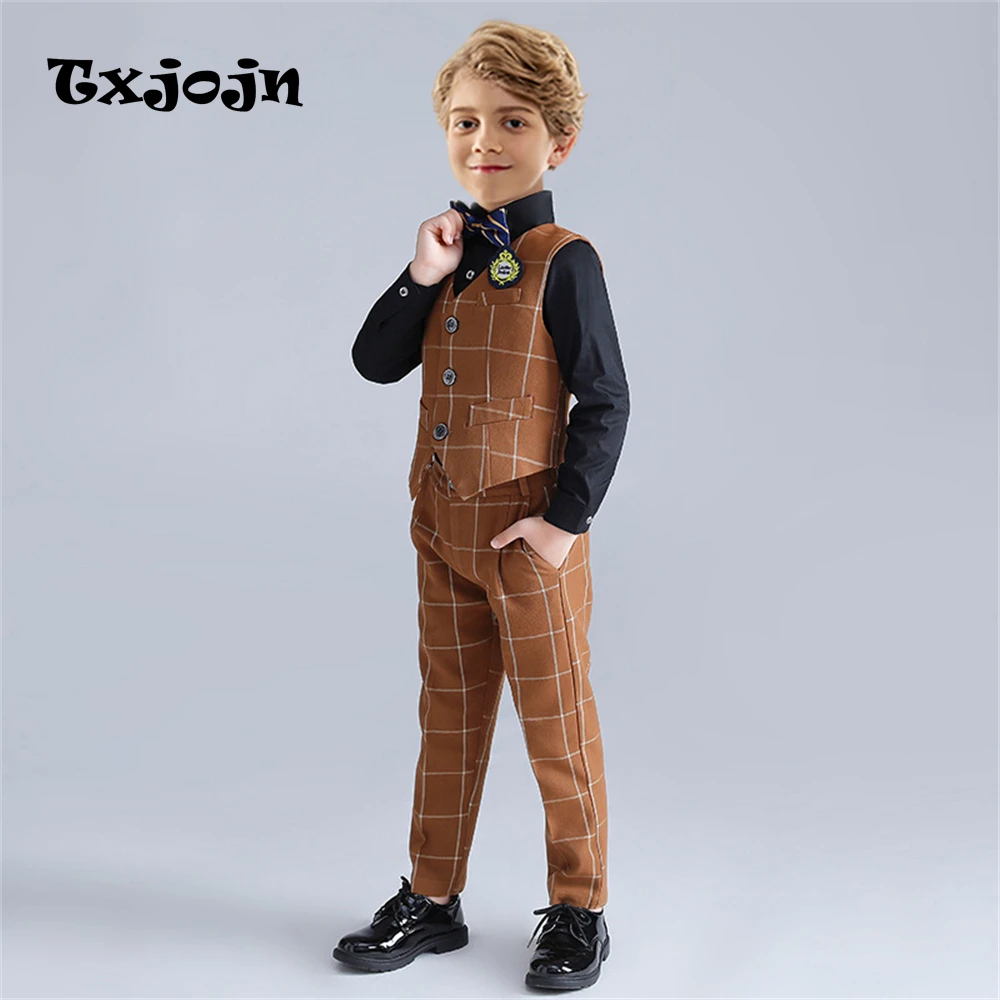 

Txjojn Plaid 3-Piece Vestcoat Trousers Set, Formal Dress Wear for Children, Kids Wedding Guest Set Vest, Trousers and Bow-tie
