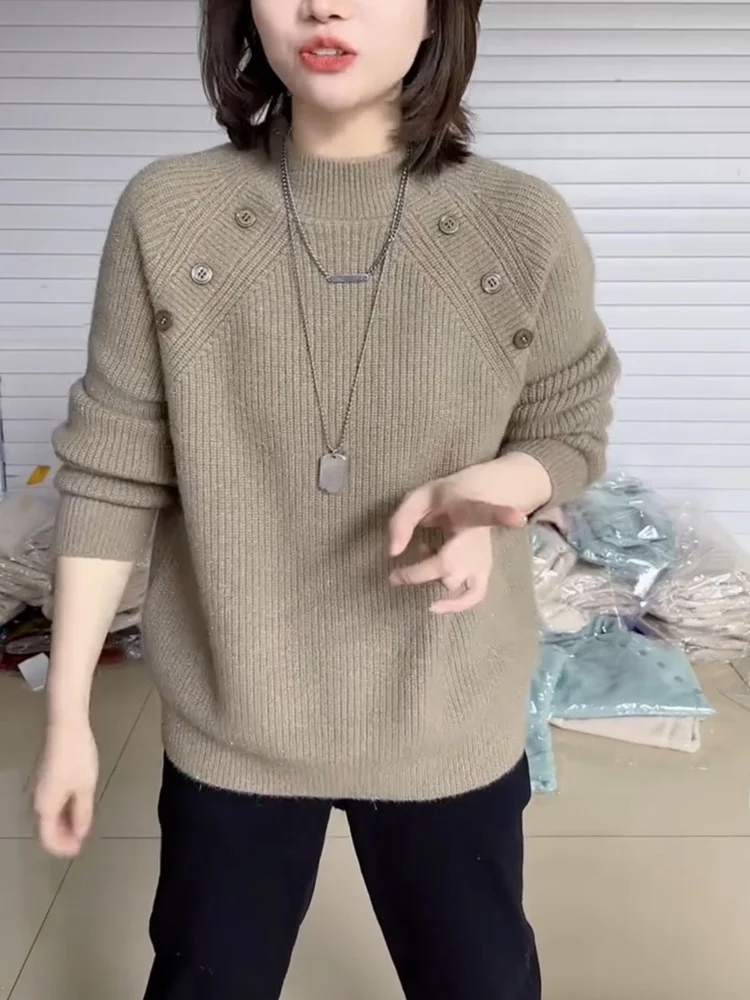 Thiened Fce f-High Collar Pure Color Button Base irt Sweater Women's Autumn Winter Faion Loose Knitted Top