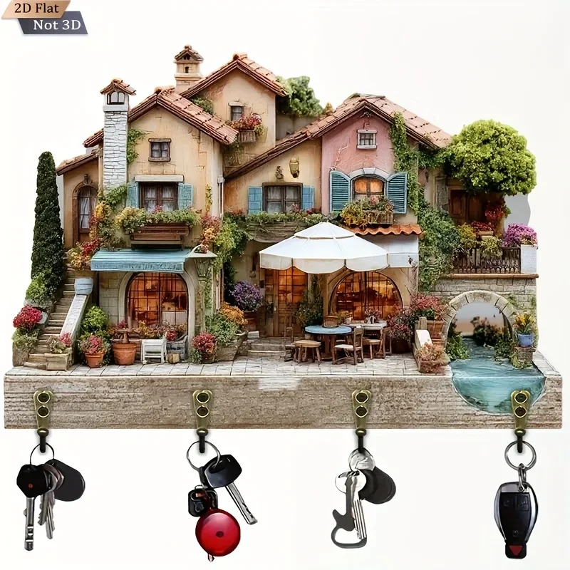 A 2D Flat Wooden Multi-functional Key Hook Featuring a Mediterranean Town Design, Equipped with Four Metal Hooks. Suitable for