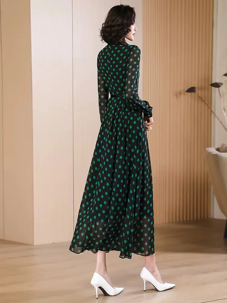 New Women Spring Summer Long Shirt Dress Fashion Turn-down Collar Long Sleeve Polka Dot Dress Elegant Slim Overlength Dress