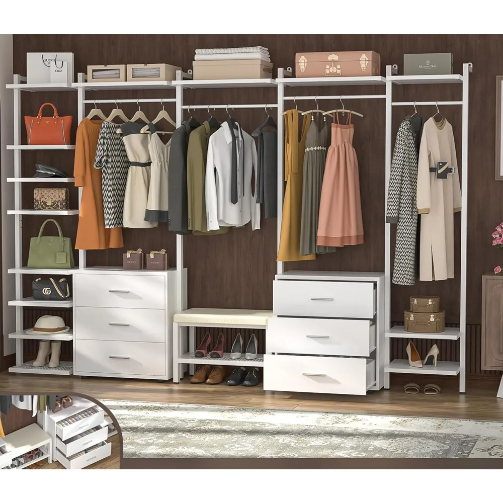 Clothing Rack Heavy Duty Closet System Organizer for Hanging Clothes, 8FT Large Wall Mounted Garment Rack Clothes Rack with 6-D