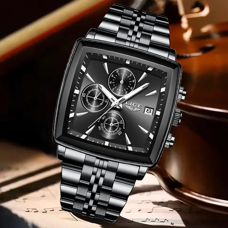 

LIGE новые креативные квадратные спортивные часы для мужчин, повседневные деловые водонепроницаемые хронографы, мужские модные светящиеся мужские кварцевые часы