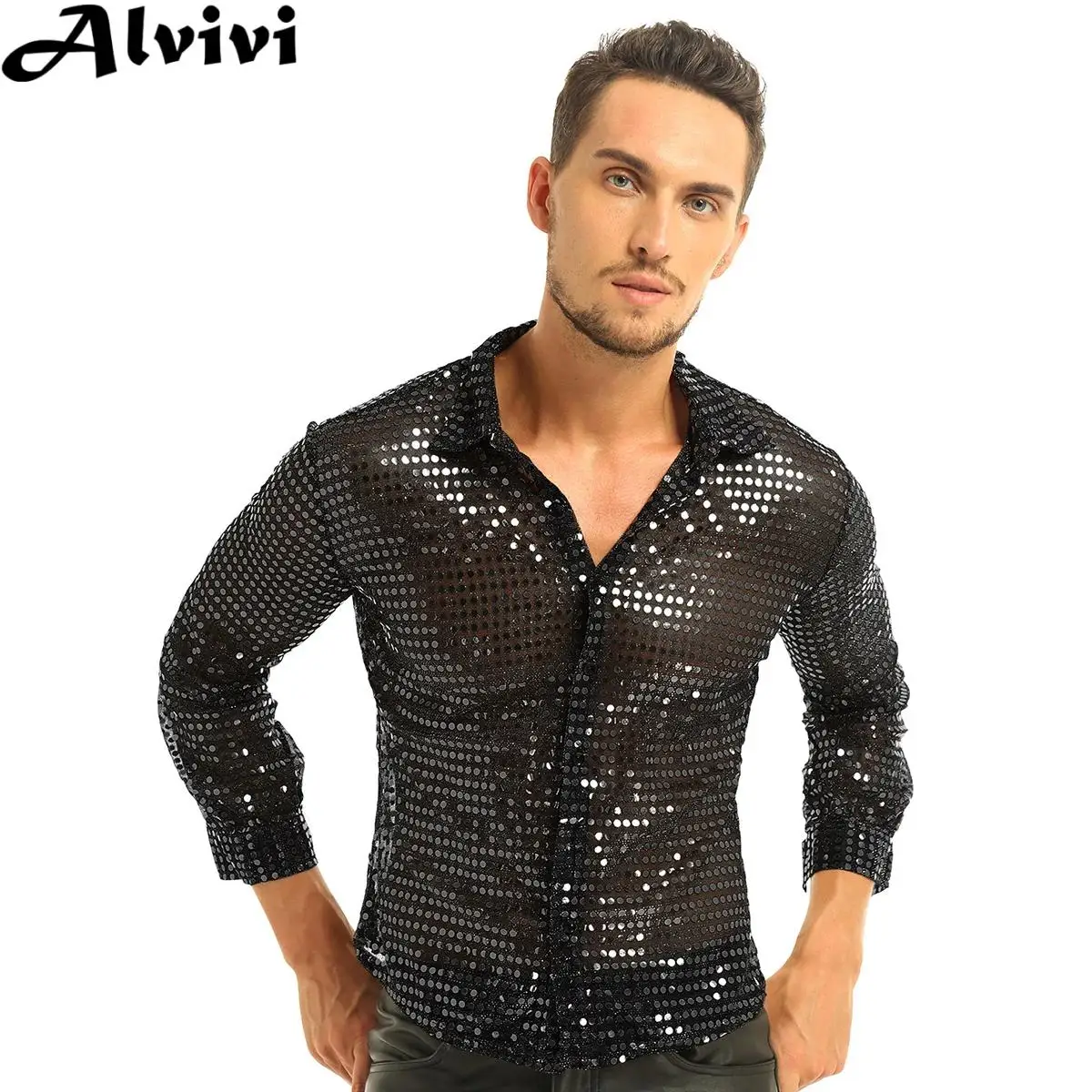 

Men See-through Mesh Shirt Long Sleeve Fashion Shiny Sequin Top Nightclub Rave Party Pole Dancing Disco Dance Costume Clubwear