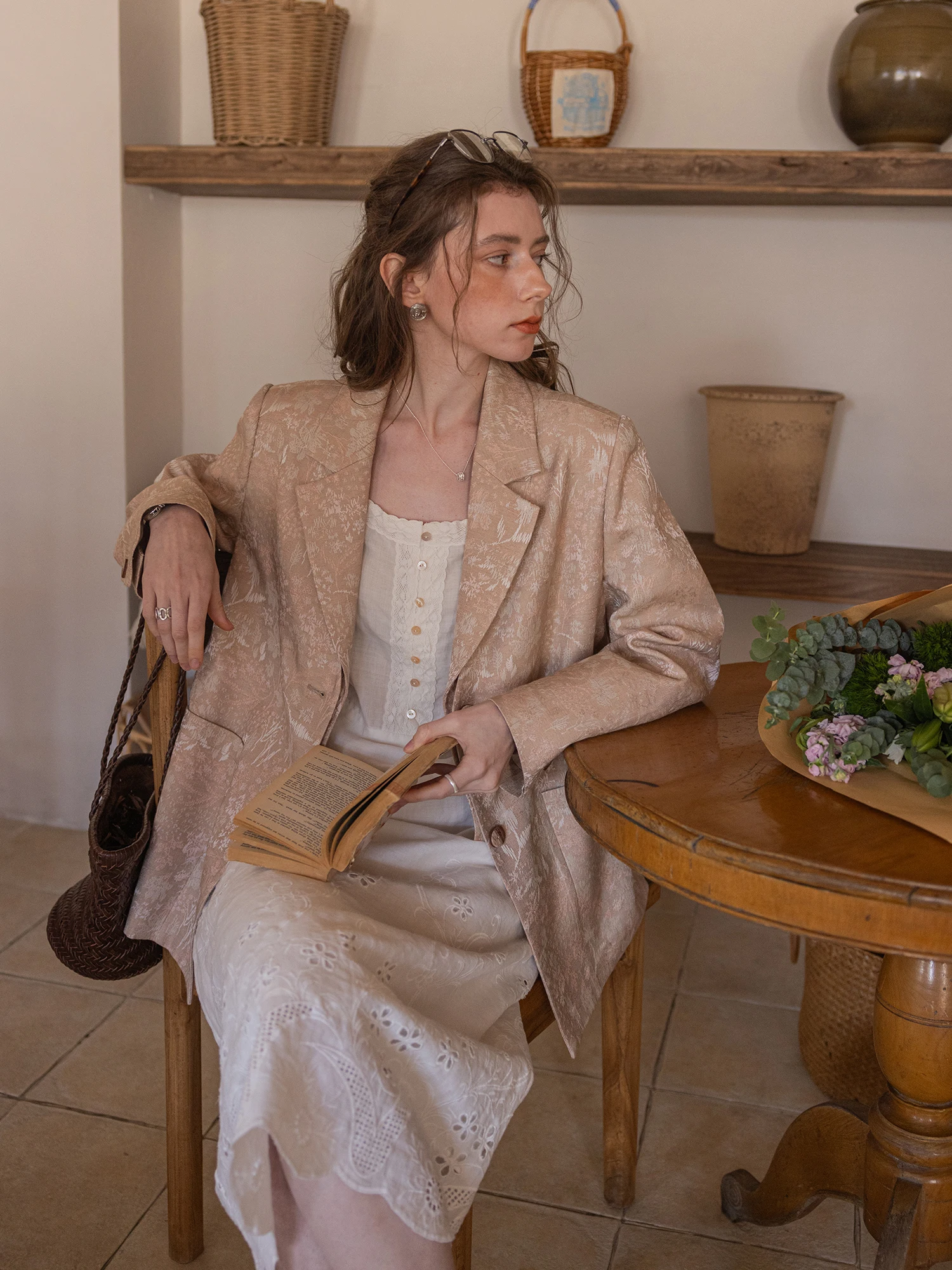 Giacca da Donna Sena Harvest Light Color con Motivo Intrecciato Sottile, Colletto Staccabile, Silhouette Retrò, Primaverile