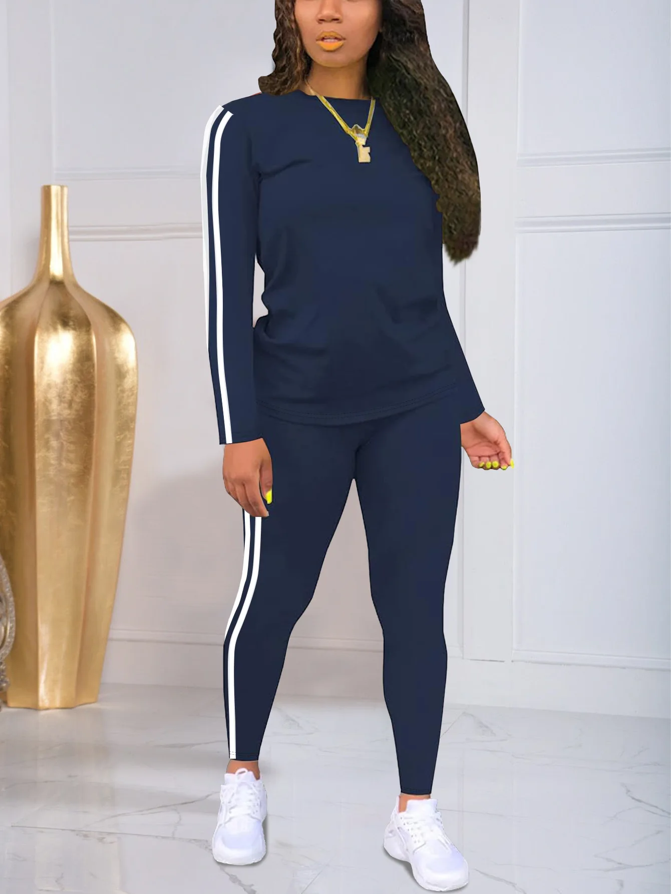 Women Fashion Sportswear Set Vintage 2 Piece Outfit Stripes O Neck T-shirt + Elastic Waist Pants Sports Set Autumn Lady Clothes