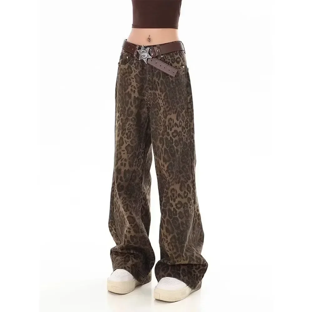 กางเกงยีนส์สีน้ำตาลลายเสือดาวทรงตรงสไตล์เรโทรทรงหลวมสำหรับผู้หญิงแฟชั่นสตรีทแฟชั่น Y2K กางเกงยีนส์ใหม่เลกกิ้งฤดูหนาว
