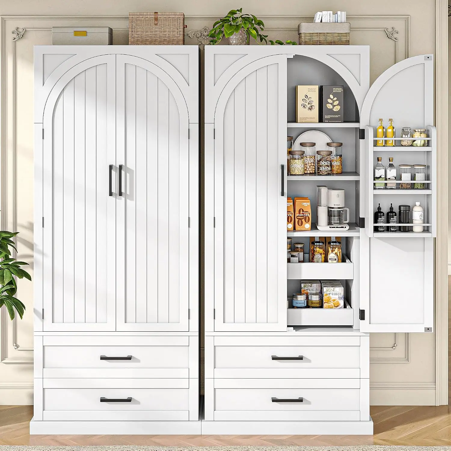71'' Kitchen Pantry Storage Cabinet, Sliding Trays & Drawers, White