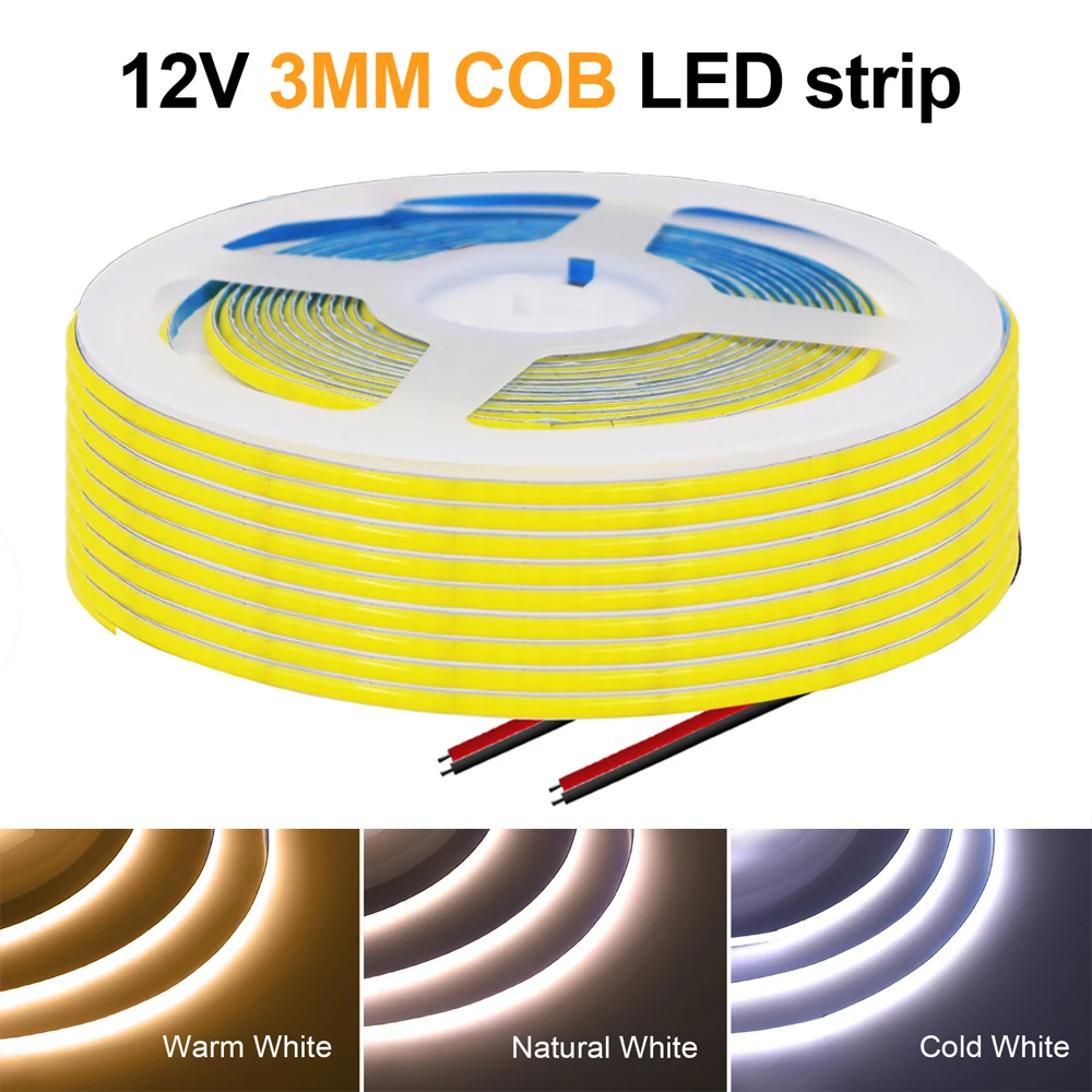 

3MM PCB COB Strip DC 12V 320 384Leds/M High Density RA90 Flexible Ribbon Tape Light Warm Natural Cold White Linear lighting