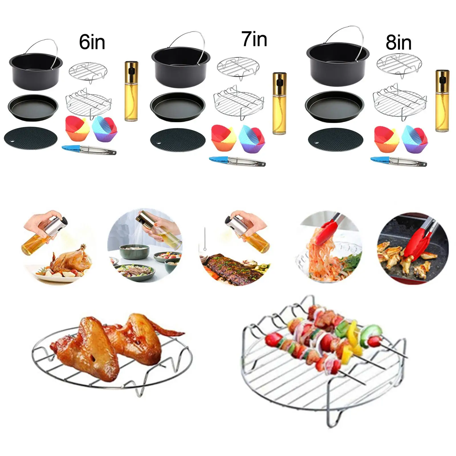 7 Inch Air Fryer Pizza Pan Cake Basket Accessories Set Carbon Steel Non Stick Grill Rack Oil Sprayer for 3.5 8qt Air Fryer