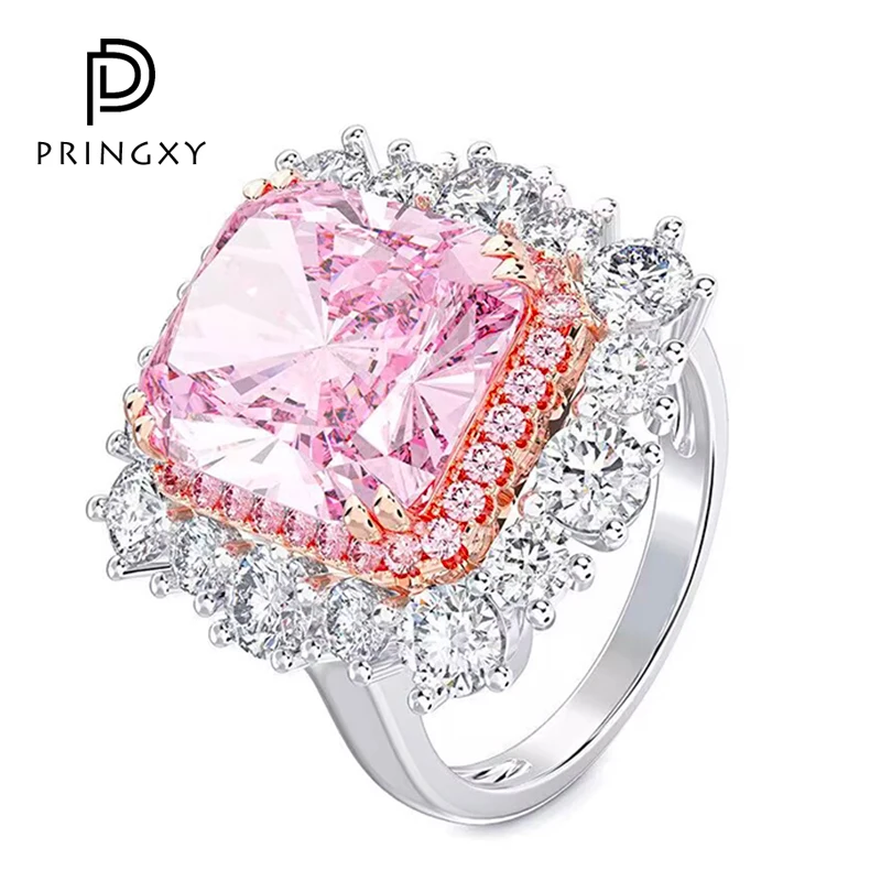 

PRINGXY 2023 Luxury Pink Topaz High Carbon Diamond Ring For Women Solid 925 Sterling Silver Platinum Plated Wedding Fine Jewelry