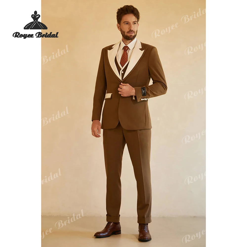 بدلة زفاف رجالية بنية مكونة من ثلاث قطع ذات طية صدر السترة 2026 بدلة زفاف غير رسمية واحدة الصدر للسهرة والحفلات الراقصة زي أوم مارياج #1