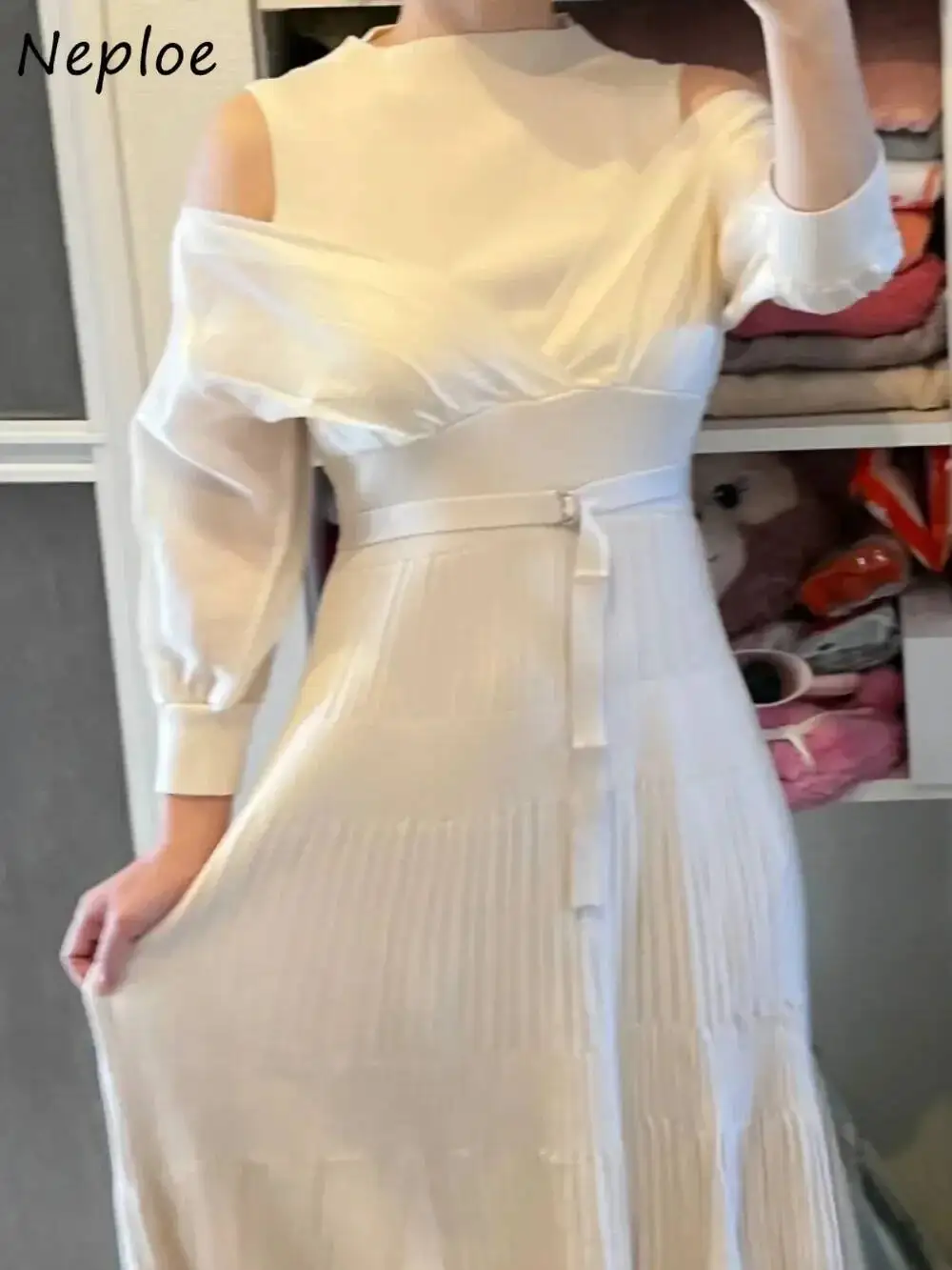 새로운 O 넥 퍼프 슬리브 니트 셔츠 드레스 패치 워크 슬림 벨트 맞춤형 가운 일본 Pleated Literary Off shoulder Mujer