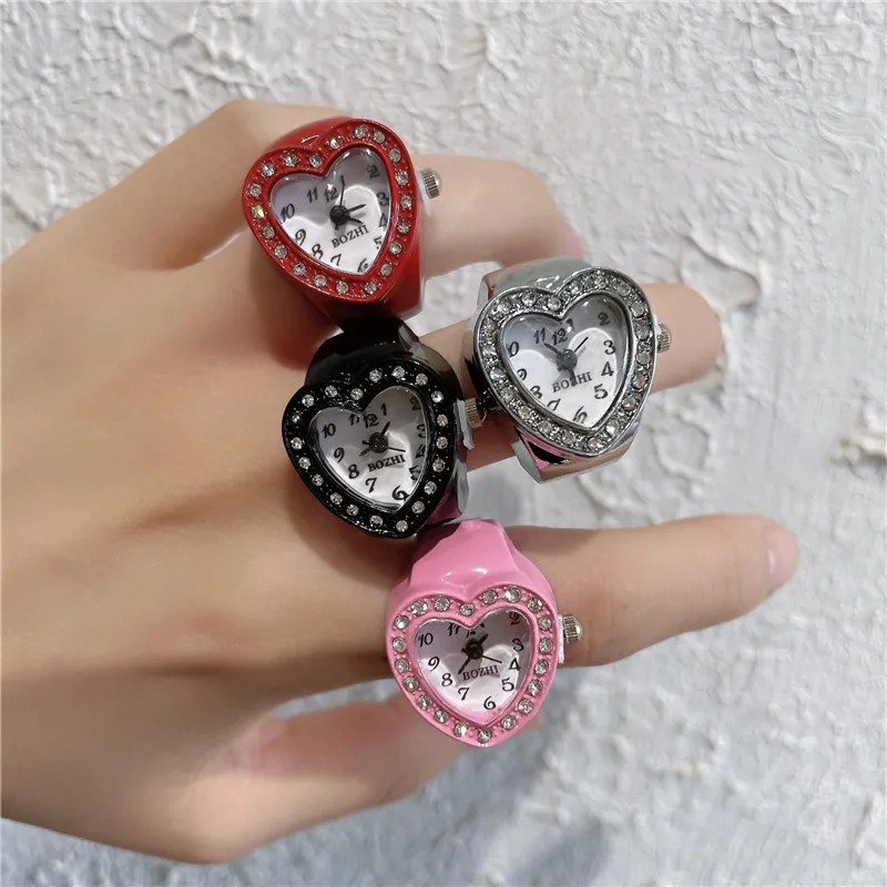Cute Heart Shape Watch Ring 4 Colors Clock Mini Watch Elastic Band Ring Y2K Personalized Hip Hop Jewelry Friends Ring Gifts