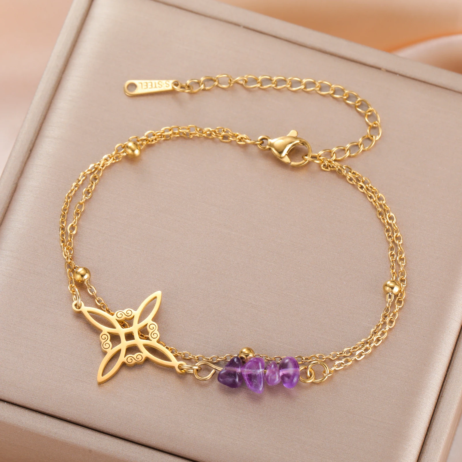 Skyrim Purple Crystal Witch Knot Charm Bracelet Women Stainless Steel Double Layer Beads Chain Amulet Witchcraft Jewelry Gift view 2