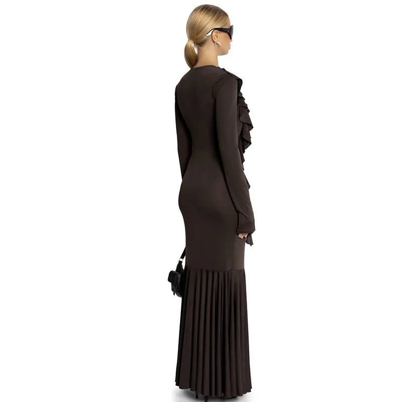 

Women's Long Sleeve Ruffle Maxi Dress Bodycon Mermaid Hem Elegant Formal Party Dress