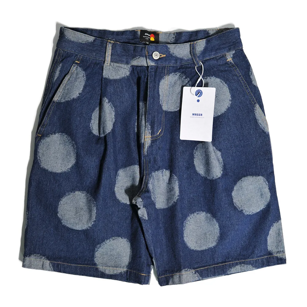 

Japanese Retro Street Loose Straight Tube Graffiti Polka Dot Printed Denim Shorts Casual Short Pants for Men
