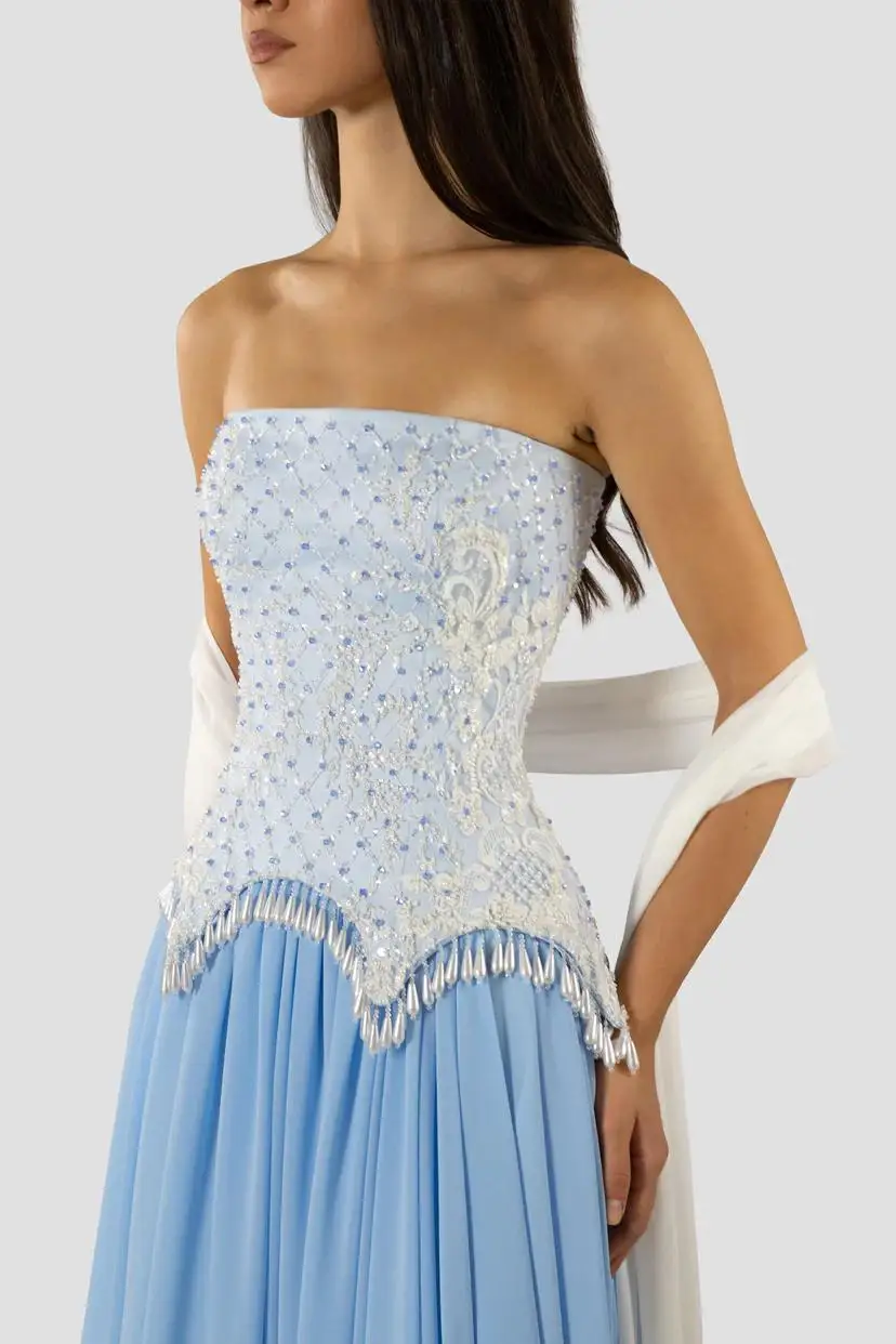 2026 Custom Lace Crystal Corset A Line Gown Sky Blue Strapless Pearl Fringe Hem Removable Soft Chiffon Ribbon Luxury Dress Women