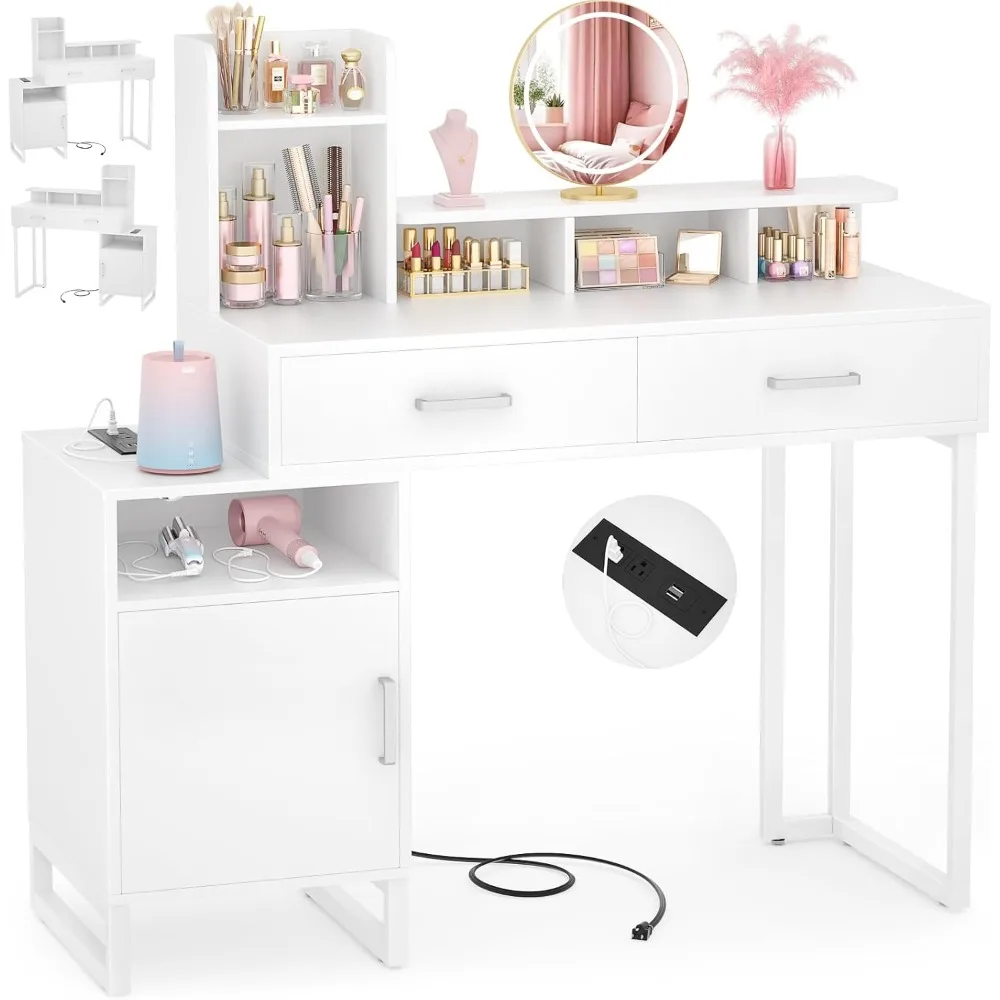 

Vanity Desk with Power Outlet Makeup Desk with Drawers and Cabinets Vanity Set with Storage Shelves for Bedroom