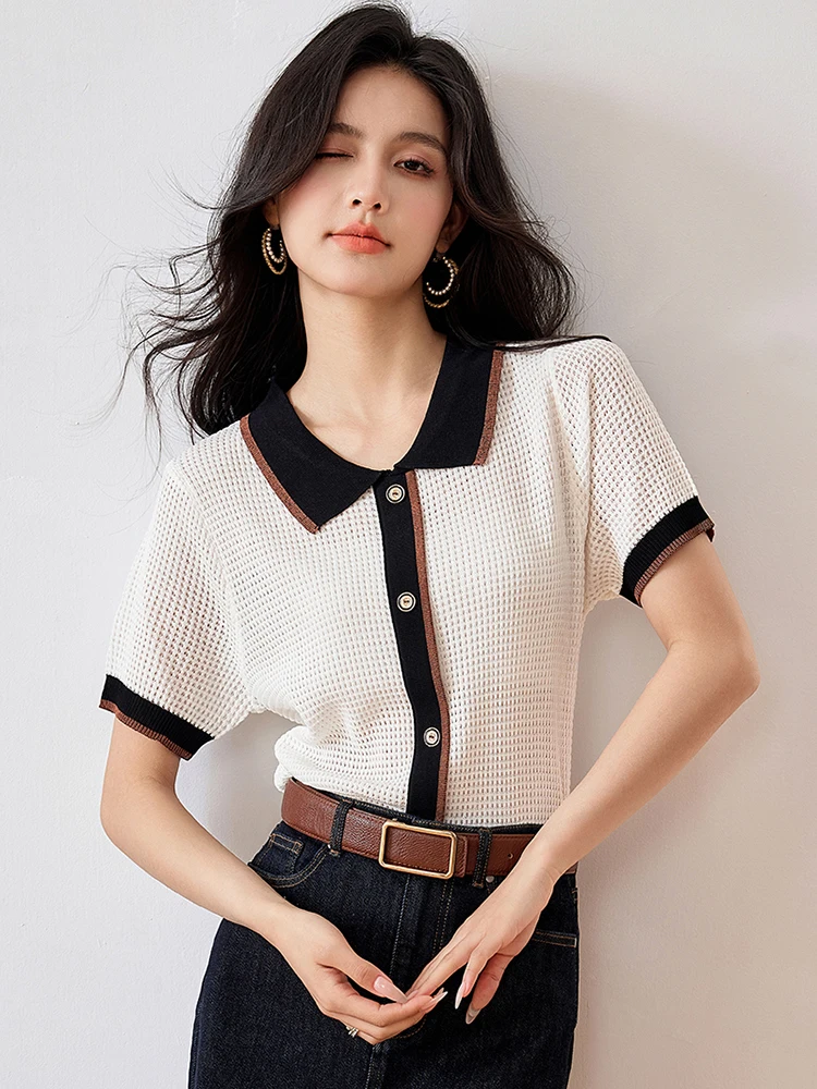 Women Summer Knit Top Short Sleeve Lapel Collar Elegant Thin Loose Sweater Top Lady Pullover Knitwear T-Shirts