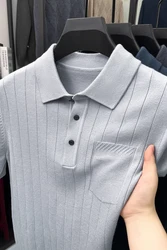 Luxury men's collar knitted T-shirt autumn and winter fashion new item exquisite pocket Korean design casual short sleeved top
