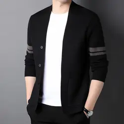 Men's Autumn and Winter New Fashion Simple V-neck Pocket Button Panel Casual Versatile Long Sleeve Loose Sweater Knitted Coat