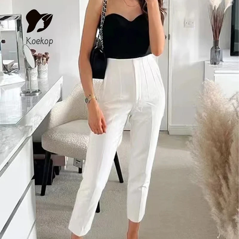 Koekop Vintage High Waist Zipper Fly Female Ankle Trousers Pantalones Mujer Women Fashion With Pockets Casual Basic Solid Pants