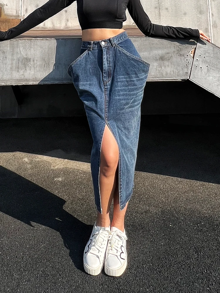 TWOTWINSTYLE Blue Denim Skirt For Women High Waist Straight Split Solid Streetwear Midi Skirts Female Fashion Clothing New 2022