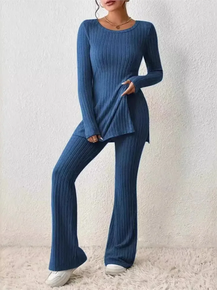 Fall Winter Knitted Pants Sets For Women Long Sleeve O Neck Tops + Trousers 2 Piece Set Solid Comfortable Elegant Suit Female